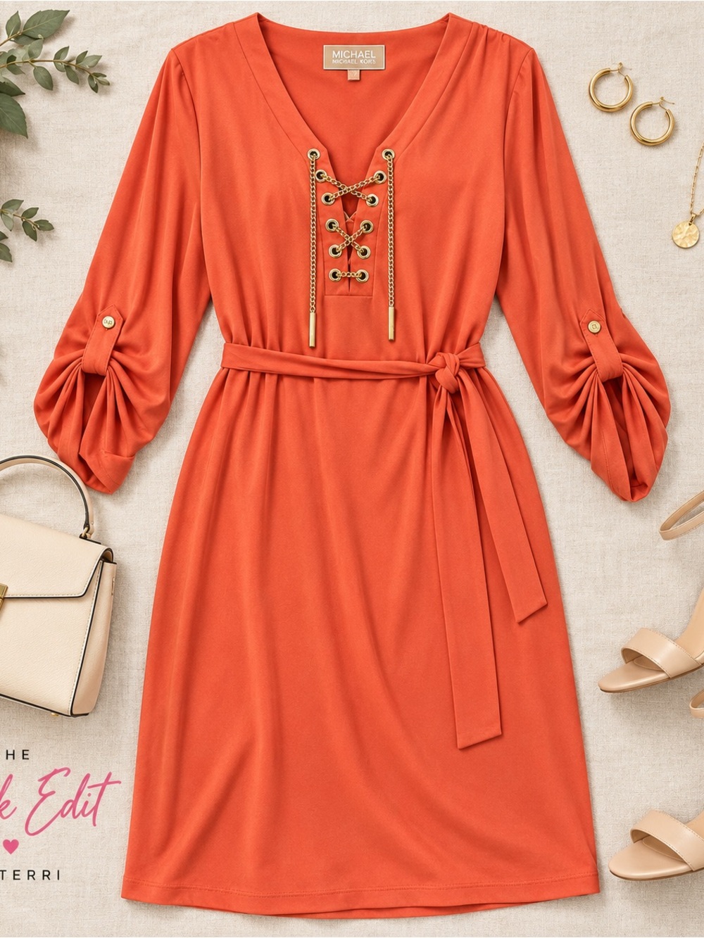 MICHAEL Michael Kors Orange Lace-Up V-Neck Belted Midi Dress